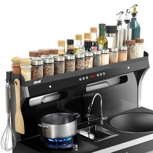OTraki Magnetic Stove Top Shelf Spice Rack for Stove Adjustable 16-32 inch Stainless Steel Over the Stove Shelf Magnetic Rack Seasoning Organizer with 4 Hook Black