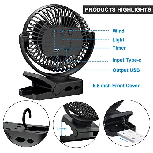 Portable Fan with Remote Control & Timer & LED Lights, 60hrs 12000mAh USB Rechargeable Battery，Clamp/Hanging/Stand Up, Small Clip on Fan for Baby Stroller, Bed, Desk, Camping Tent, Travel - size: 5 inch