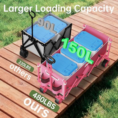 Extra Long Collapsible Wagon Cart, 480LBS Heavy Duty Utility Wagons with All-Terrain Wheels, Foldable Grocery Carts for Gardening, Shopping, Beach, Camping, Rose Pink - color: Rose Pink