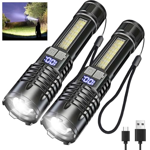 Rechargeable Flashlights with Side Light & Digital Power Display, Bright LED Flashlight with Warning Lights, 5 Modes & Waterproof for Emergency, Camping, Hiking and Home - color: Black