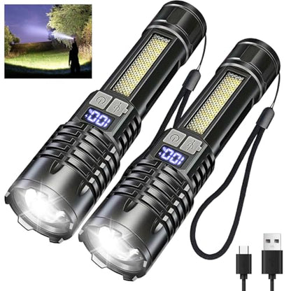 Rechargeable Flashlights with Side Light & Digital Power Display, Bright LED Flashlight with Warning Lights, 5 Modes & Waterproof for Emergency, Camping, Hiking and Home - color: Black