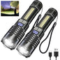 Rechargeable Flashlights with Side Light & Digital Power Display, Bright LED Flashlight with Warning Lights, 5 Modes & Waterproof for Emergency, Camping, Hiking and Home - color: Black