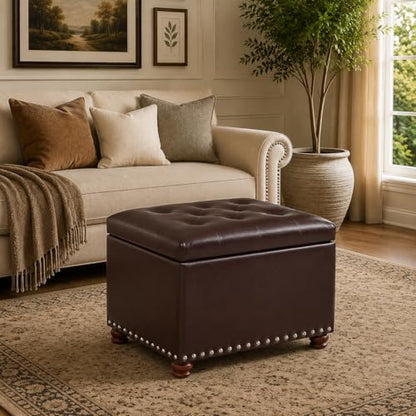 Leather Ottoman with Storage,24’’Foot Rest Ottomans with Hinged Lid Rectangle Upholstered Foot Stools Nailhead Trim for Living Room Bedroom,Dark Brown - color: Dark Brown With Button
