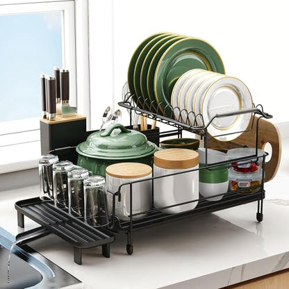 Runnatal Large Dish Drying Rack with Drainboard Set, Stainless Steel Detachable 2-in-1 Large-Capacity 2-Tier Over The Sink Anti-Rust Dish Rack and Dish Drainer for Kitchen Counter - size: 2-Tier