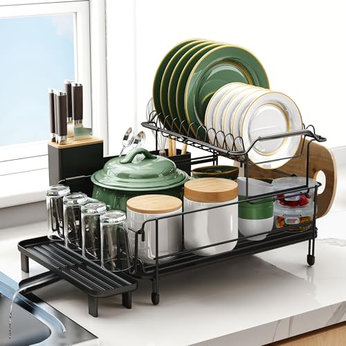 Runnatal Large Dish Drying Rack with Drainboard Set, Stainless Steel Detachable 2-in-1 Large-Capacity 2-Tier Over The Sink Anti-Rust Dish Rack and Dish Drainer for Kitchen Counter - size: 2-Tier