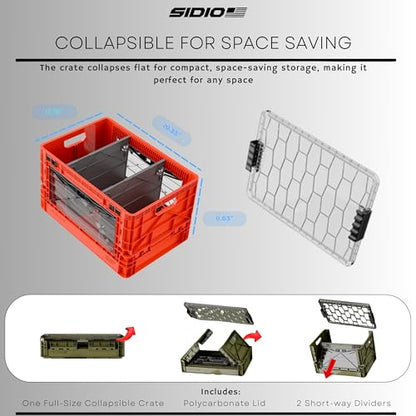 SIDIO Full-Size Collapsible Crate - Heavy Duty Stackable Storage Bin with Lid & 2 Short-Ways Dividers, Durable Plastic Organizer for Home, Office, Garage & Outdoor Use (Slime)