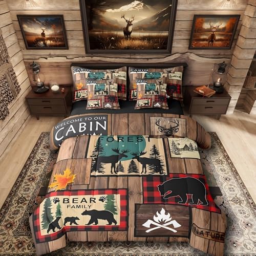 Erosebridal Retro Cabin Comforter Set 7 Piece Bed in a Bag Twin,Rustic Bear Deer Bedding Sets Hunting Wildlife Wild Animal Comforter and Sheet Set,Plaid Lodge Farmhouse Western Bed Set - color: Black Brown Red, size: Twin