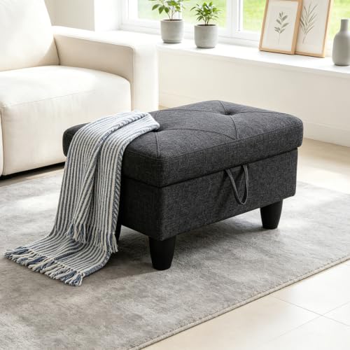 Linen Storage Ottoman Footstool Bench for Living Room Furniture,28.5" Large Square Foot Rest Stool Coffee Table,Linen Sofa Chair for Home Decor,Living Room,Bedroom,Apartment,Rv Car(Black) - color: Black Linen 28.5