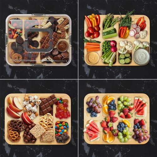 SpaceAid Charcuterie Board with Clear Lid, Portable Travel Cheese Cutting Boards for Picnic Accessories, Bamboo Serving Tray with Lids, House Warming Gifts, Black Handles, 8 Compartments - color: Black Handles, 8 Compartment