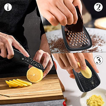 Kitchen Gadgets Set 6 Piece, Space Saving Kitchen Utensils Stainless Steel Accessories Cheese Grater, Bottle Opener, Pizza Cutter, Vegetable Peeler, Paring Knife, Garlic Grinder, Burlap Bag Gift(BLK) - color: Classical Black 6pcs