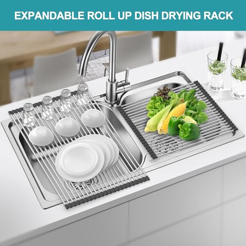 BBXTYLY Extra Large Expandable Roll Up Dish Drying Rack,Over The Sink Drying Rack Sink Cover Kitchen Sink Accessories Kitchen Rolling up Stainless Steel Drainer, Foldable,Rollable（Black，22.8''-17.3''） - color: Black, style: 22 tubes,expandable
