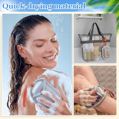 Patelai 12 Set Large Mesh Shower Caddy Bags, Sandproof Beach Tote Bulk with Soap Bag 12.2 x 10.2 Inch Hanging Toiletry Bath Organizer with Zipper & Handle for Gym Beach Dorms Travel Essentials