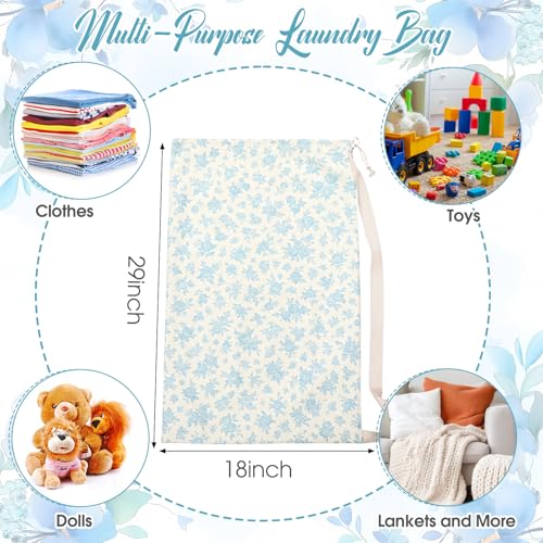 SATINIOR 2 Pcs Floral Laundry Bags 29" x 18" Pink Blue Canvas Travel Laundry Bags with Drawstring Shoulder Straps Washable Dirty Clothes Hamper Organizer for College Dorm Laundromat Apartment Camping - style: Floral