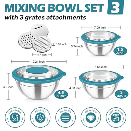 TeamFar Mixing Bowls, 3PCS Stainless Steel Serving Salad Bowls with Lids & 3 Graters, For Kitchen Mixing/Baking/Storing/Prepping, Visible & Airtight, Easy Clean - 4.5/3 / 1.5 QT, Dark Blue - color: Dark Blue, style: Transparent Airtight Lids