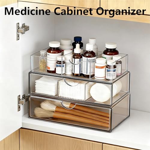 Medicine Cabinet Organizer with Removable Dividers, 3-Tier Stackable Drawer Storage for Bathroom, RV, Vanity, Countertop & Desk - size: 3 Tier Clear