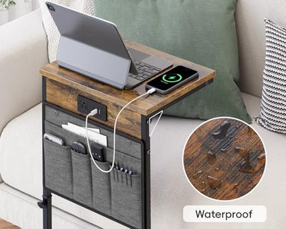 Vagusicc C-Shaped End Table with Charging Station, Small Side Table for Couch, 33" Tall C Table Adjustable Height Side Table, Couch Tables that Slide Under, Sofa Table TV Tray for Living Room, Brown - color: 1pc Rustic Brown