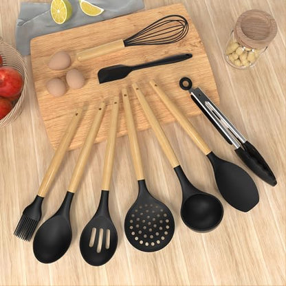 oannao Silicone Cooking Utensils Set Utensil Sets - 446°F Heat Resistant Silicone Kitchen Utensils Set Wooden Handles, Silicone Utensils for Cooking w Holder for Non-Stick Cookware BPA FREE (Black) - color: Black