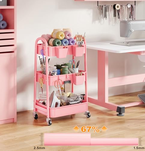 3 Tier Rolling Storage Cart Metal with Wheels, Pink Three Tiered Craft Cart Organizer on Wheels, Utility Carts for Baby Nursery, Diaper Caddy, Art, Book, Snack, Nail, Makeup, Bathroom Supplies, Mesh - color: Soft Pink