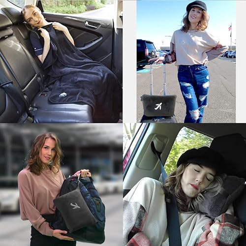 BlueHills 2-Pack Mini Premium Soft Plush Travel Blanket Pillow Airplane Essentials Flight Throw in Bag with Hand Luggage Strap Backpack Clip Accessories Portable Traveling Plane Blankets Black - M25 - color: Black-2pk-m25