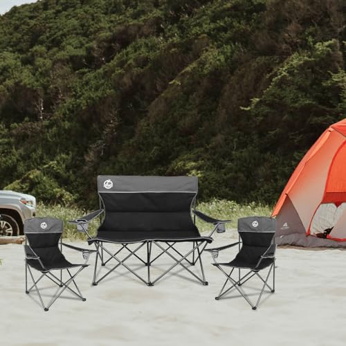 Northroad Outdoor Camping Chair Set of 3,Folding Padded Camp Chair w/1 Sofa,2 Single Chairs,Collapsible Conversation Set for Family Patio, Beach (Black) - color: Black, style: no table