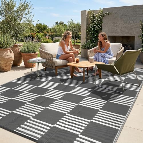 Garvee Waterproof Outdoor Rug 8x10, Checkered Foldable Plastic Straw Patio Camping Rug, Outdoor RV Carpet for Deck Camper Porch Balcony Backyard Picnic Beach Gray and White - color: Gray & White, size: 8' x 10'