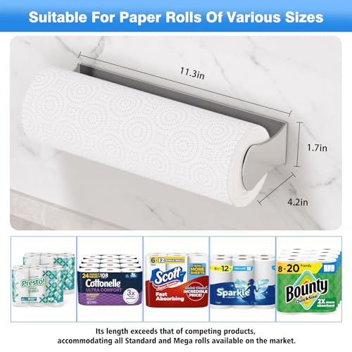 Paper Towel Holder Under Cabinet, Stainless Steel, Adhesive or Screw Mount, Fits Standard & Mega Rolls, Wall Mount Rack for Kitchen, Bathroom, RV, Silver - color: Silver