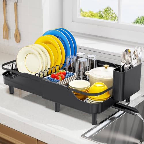 Urackify Expandable Dish Rack for Kitchen Counter,16.14"-23.62" Large Dish Drying Rack with Adjustable Water Spout, Space Saving Dish Drainer with Auto Draining Cutlery Holder, Matte Black - color: Matte Black