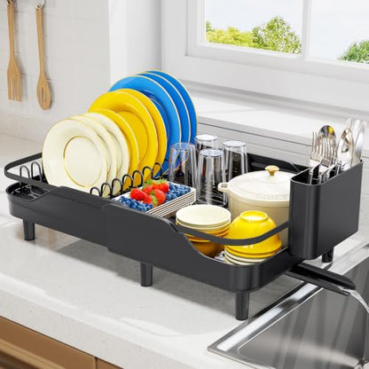 Urackify Expandable Dish Rack for Kitchen Counter,16.14"-23.62" Large Dish Drying Rack with Adjustable Water Spout, Space Saving Dish Drainer with Auto Draining Cutlery Holder, Matte Black - color: Matte Black
