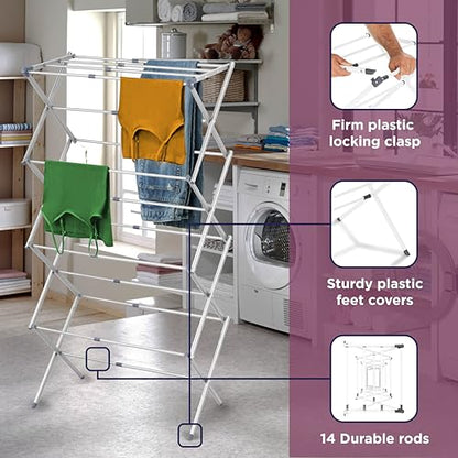 BLACK+DECKER 4-Tier Expandable Collapsible Clothes Drying Rack, Telescopic Height, Foldable Space-Saving Laundry Air Dryer for Towels, Shirts & Delicates – Durable Steel, No Tools Needed - color: White/Grey