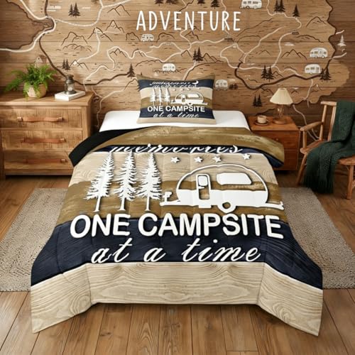 Kids Camper Comforter Set Twin, Happy Camping Bedding Rv Decorations For Inside Camper Quilt, Teens Rustic Farmhouse Bedding Comforter Sets For Travel Trailers Vintage Wooden Planks Quilted Duvet - color: Multi 91, size: Twin