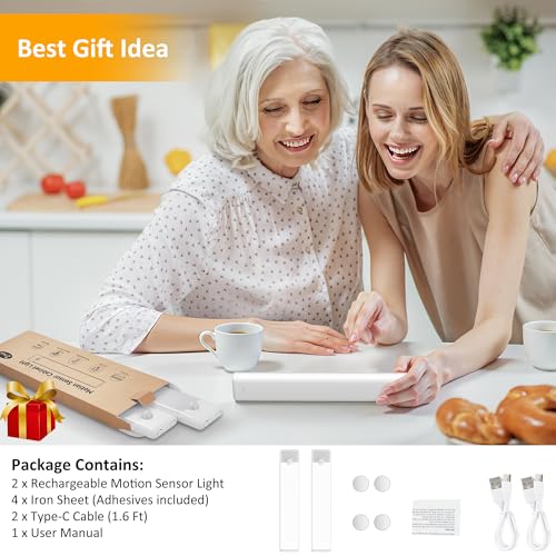 Motion Sensor Under Cabinet Lights, Magnetic Rechargeable Under Counter Closet Light, Wireless Night Light Bar Stick-On, 2-Pack, Warm White - color: Warm White, size: 8 inch