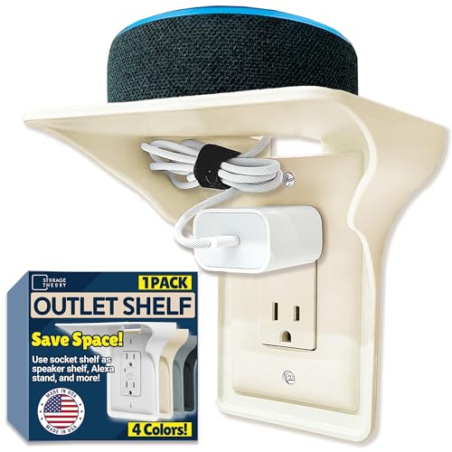 Power Perch Outlet Shelf Organizer for Alexa Echo Dot, HomePod Mini Speaker, Phone - Wall Outlet Holder with Cord Storage Strap - Socket Shelf Bathroom Kitchen Counter Charging Station - Almond 1 Pack - color: Almond, size: Single Outlet 1 Pack