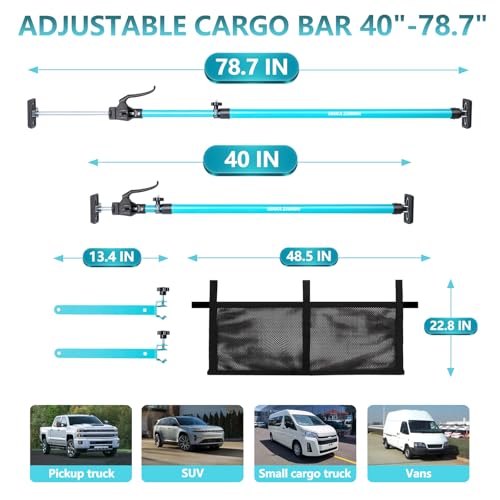 Adjustable Cargo Bar, Truck Bed Divider from 40 to 78.7 in with 200LB Bearing Capacity, Cargo Bar for Pickup, Truck Bed Organizer Cargo Bars for SUV, Trailer, Van, Come with 2 Divider, 1 Cargo Net - size: 40-78.7 inches blue