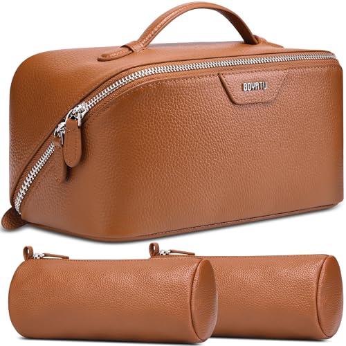 BOYATU Genuine Leather Travel Makeup Bag: Large Capacity 3 Pcs Set Cosmetic Bags for Women - Designer Waterproof Hand-made for Toiletry Organizer - Ladies Travel Essentials for Elegance (01Brown) - color: 01Brown