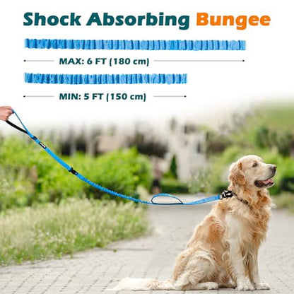 PetBonus Heavy Duty Tactical Dog Leash, 5 FT Bungee Shock Absorption Leash with 2 Padded Handles, Quick Release Metal Clip, Car Seatbelt, No Pull Training Lead for Large Medium Dogs（Light Blue） - color: Light Blue