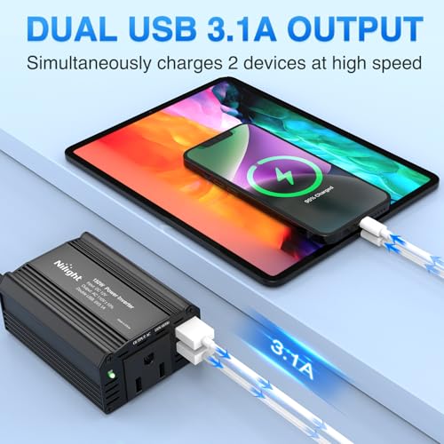 Nilight 150W Power Inverter 12V DC to 110V AC Car Charger Converter with 3.1A Dual USB Ports and 1 AC Outlets for Phones Tablets Laptop Computer Game Console Kindle iPad DVD Players Black - color: 150W USB*2 110V Outlet