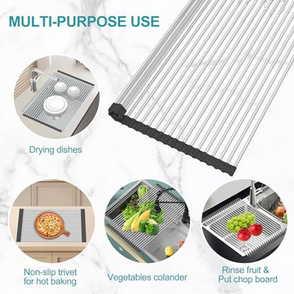 BBXTYLY Extra Large Expandable Roll Up Dish Drying Rack,Over The Sink Drying Rack Sink Cover Kitchen Sink Accessories Kitchen Rolling up Stainless Steel Drainer, Foldable,Rollable（Black，22.8''-17.3''） - color: Black, style: 22 tubes,expandable