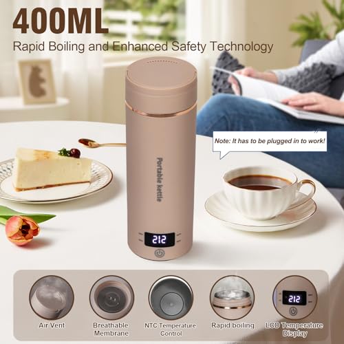 Travel Electric Kettle Portable Mini Kettle,Small Hot Water Boiler with 4 Temperature Settings,304 Stainless Steel, Fast Boiling Water with Auto Shut-Off and Boil Dry Protection,400 ml (Brown, 400ML) - color: Brown
