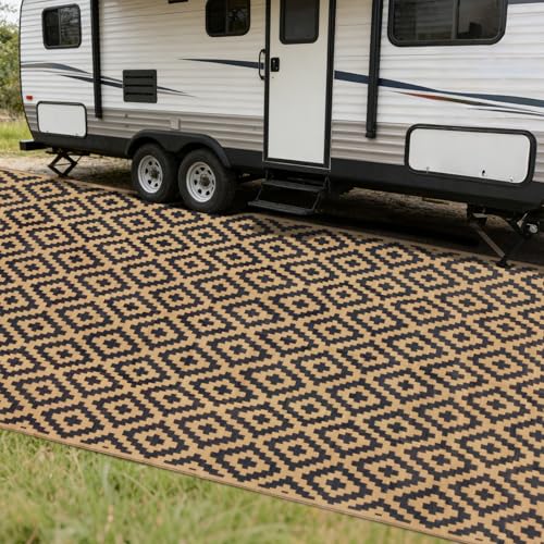 SAND MINE Reversible Mats, Plastic Straw Rug, Modern Area Rug, Large Floor Mat and Rug for Outdoors, RV, Patio, Backyard, Deck, Picnic, Beach, Trailer, Camping, Black & Brown, 8' x 16' - color: Black & Brown, size: 8'x 16'