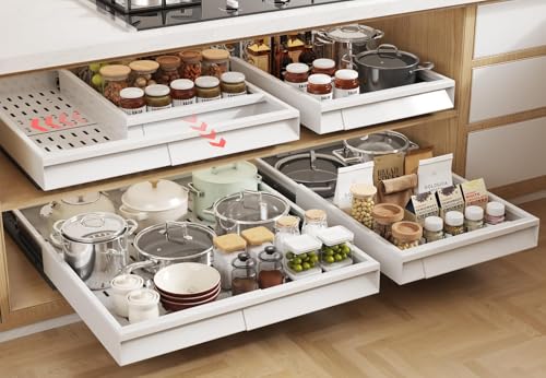 Seinloes Pull Out Cabinet Organizer, 4-Side Expandable to Fit Most Cabinets, 3 Rail Slide Out Drawers with Raising Pad for Framed & Frameless Cabinets, 13"-21" W x 17"-24" D, White, 4 Pack - color: White, size: 13"-21"W x 17"-24"D(4Pack)