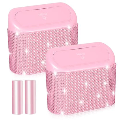 NBTEPEM Bling Pink Car Trash Can with Lid - 2 Pack, Mini Auto Garbage Can with 60 Trash Bags, Automotive Garbage Container Bin, Bling Car Accessories Trash Can for Women (Pink Diamond) - color: Pink Diamond
