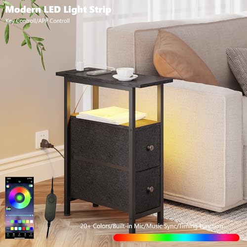 TRIFEBLE End Table with Charging Station, Narrow Side Table with 2 Fabric Drawers, Skinny Nightstand with LED Light, Slim Bedside Table for Bedroom, Living Room, Small Spaces, Black - color: Black