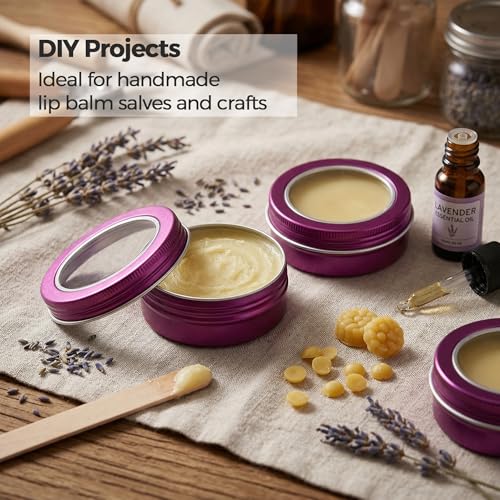 2 oz (60ml) Purple Aluminum Tins with Clear Lids and Labels, 24 Pack | Clear View Lid, Secure Packaging, Tight Screw Lids, Includes Blank Labels, 11 Color Options - color: Purple