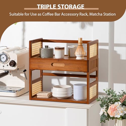 Yalikop Bamboo Matcha Station Organizer 2 Tier Countertops Stand Shelf with Hidden Drawer Coffee Station Organizer for Whisk Set Bowl Cup Mug, Home Kitchen Bars 15.75" x 7.87" x 15.35"(Brown)