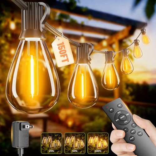 150FT LED Outdoor String Lights with Remote, One Continuous Strand Patio Lights with 55+2 Shatterproof S11 Bulbs, Dimmable 2200K Warm White, Timer & 3 Modes, Low Voltage for Backyard Garden - color: Warm Yellow-2200K, size: 150FT
