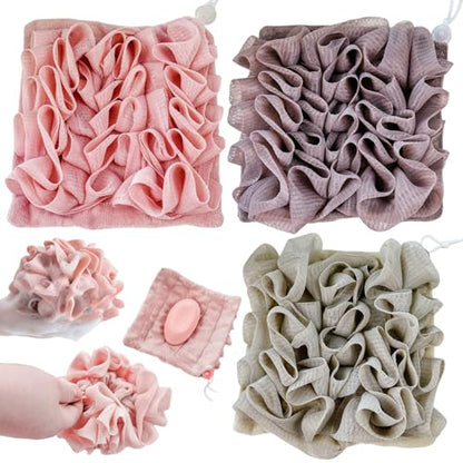 3 Pcs Soap Bar Loofah, 2 in 1 Bar Soap Loofah Pouch Can Hold Soap Effective Exfoliation for Bathing (Khaki + Coffee + Pink) - style: khaki, coffee and pink