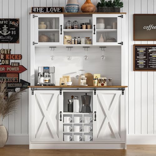 4ever2buy Farmhouse Coffee Bar Cabinet with 2 Glass Doors, 72'' White Bar Cabinet with Sliding Barn Door, Tall Wine Bar with 9 Racks, Coffee Bar Hutch with Storage for Living Room - color: White, size: 72Inch