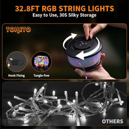 TOHETO 2-Pack Camping String Lights, 3 in 1 Upgraded Retractable RGB Outdoor String Lights with 19 Lighting Modes, Quick 30s Recovery, 32.8 FT Portable Tent Light, Rechargeable Camping Lantern (Black) - style: Black-2Pack