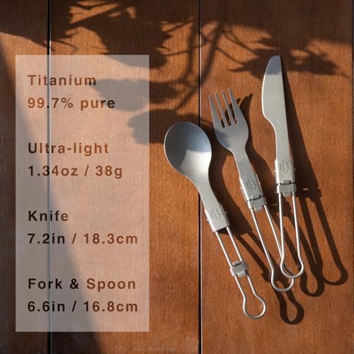 SANTTA Ultra Light Titanium Folding Cutlery Set Including Knife Fork Spoon with Bag for Backpacking, Hiking, Camping and Traveling - style: 3-pc set