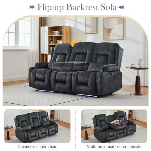 TUNYI Power Loveseat Recliner Sofa with Massage & Heat Home Theater Seating with Console RV Recliner Loveseat Sofa with USB/Storage/Side Pocket/LED Light/Speaker (Grey, 3 Seat) - color: Grey, size: 3 Seat